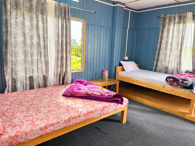 Pink bedding and folded blankets on wooden beds beside bright curtains in the blue room