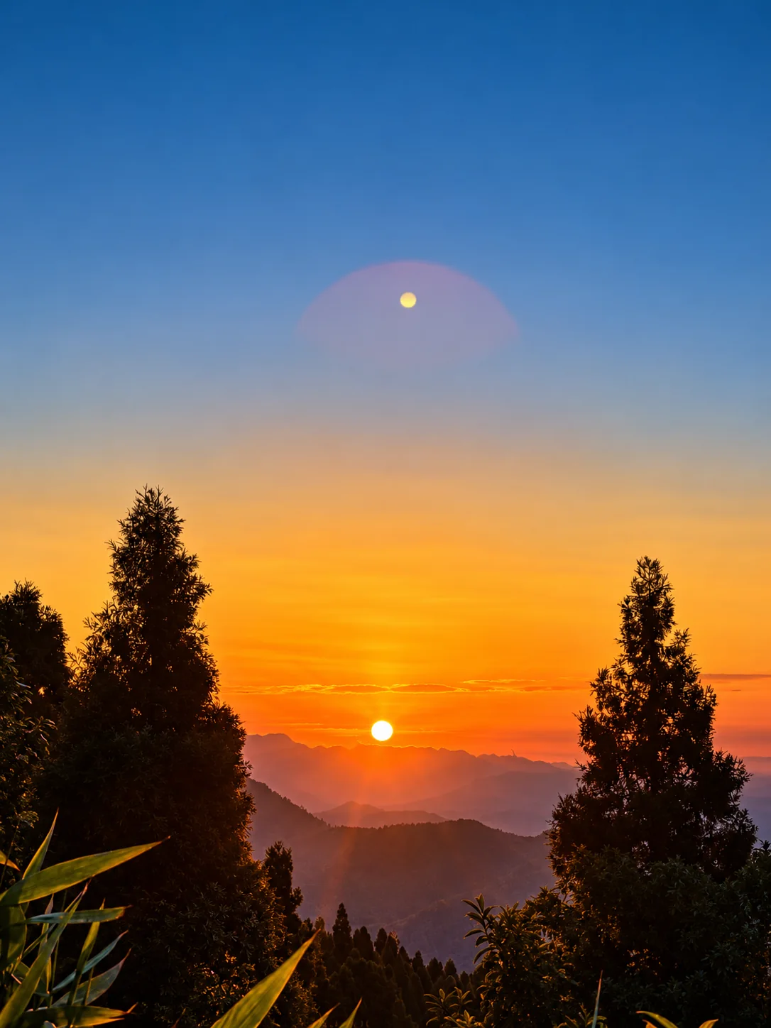 An orange sunset over layers of hills, framed by dark trees